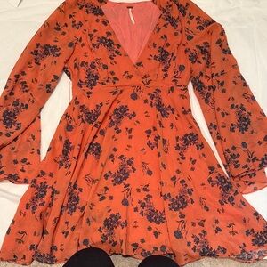 Free People Orange Floral Long Sleeve Dress